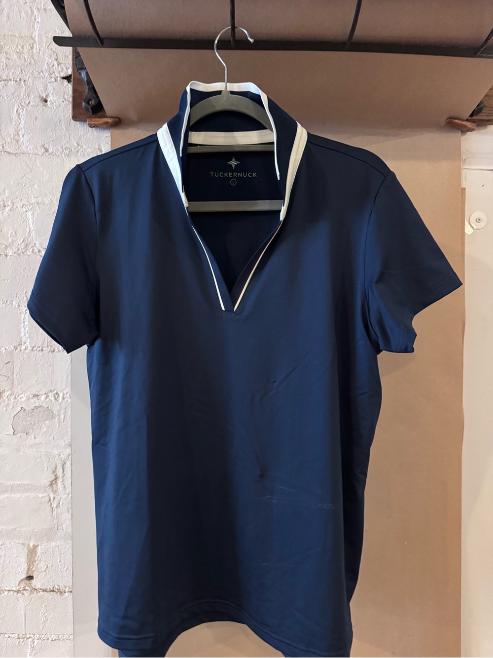 Tuckernuck Navy Polo with White-Trim Open Zip Collar